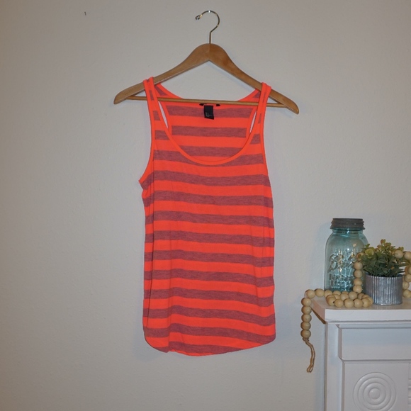 H&M Basic Striped Tank Neon Coral and Gray - Picture 1 of 5